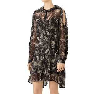 The Kooples Black Sheer Birdy Ruffled Long Sleeve Dress